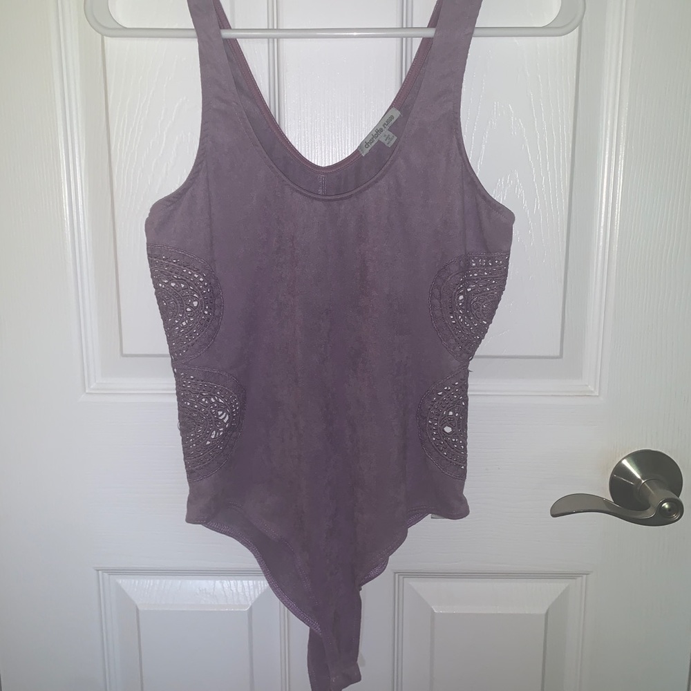 Faux suede bodysuit with patterned cutouts